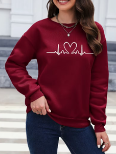 <b>Women's</b> <b>Burgundy</b> Crew Neck Sweatshirt Drop Shoulder Long Sleeve Heartbeat Print Casual Pullover Autumn <b>Top</b> - Product Image 4