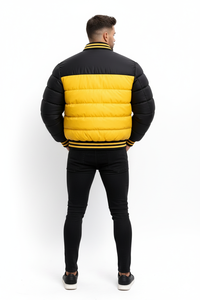 Veste bomber d'hiver pour homme, noire et jaune, style varsity, avec boutons-pression, streetwear, col et poignets côtelés, coupe ajustée - Product Image 5