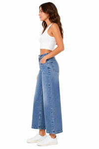 Jean en denim taille haute pour femme, coupe palazzo ample et droite, bleu, élégant et décontracté, style oversize - Product Image 4
