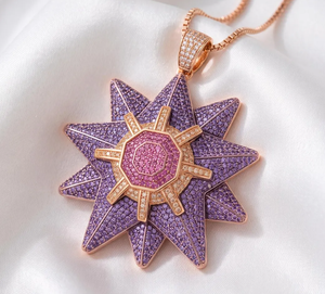 <b>Purple</b> Pink Sunburst Pendant Necklace Gold Plated Tibetan Silver Zircon Strand Star Charm Jewelry <b>Gift</b> for Party Wedding - Product Image 3