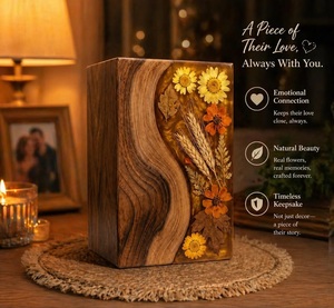 Custom Wood Resin Urn with Dried Flowers and Curved Grain Design, Handmade <b>Memorial</b> Ashes <b>Box</b>, Engraved Keepsake Gift - Product Image 2