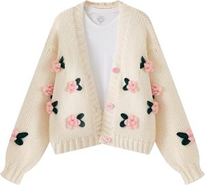 Cardigan tricoté violet pour femme, col en V, manches longues, broderie florale, style doux, haut de printemps - Product Image 6