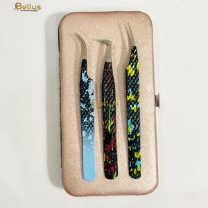 Custom <b>Black</b> Glitter Fiber Tip Stainless Steel Professional Russian Volume Eyelash Tweezers Pointed Lash Tool Private Label - Product Image 2