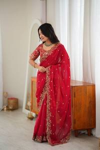 Sari traditionnel indien en soie rouge pour femmes avec broderie dorée, tenue de mariage longue, coupe classique, toutes saisons - Product Image 2