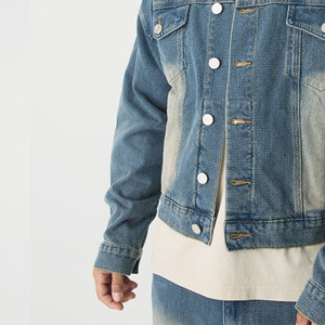 Veste en jean décontractée brodée coupe oversize coupe-vent à épaules tombantes pour homme, noire délavée, 100 % coton, hiver - Product Image 4