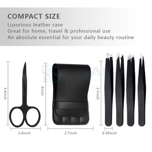 Juego de Tijeras y Pinzas de Manicura Portátiles de Acero Inoxidable, Herramientas para el Cuidado de las Uñas con Punta Inclinada Negra y Estuche de Cuero - Product Image 5
