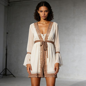 เสื้อแฟชั่น Temu คอวี แขนบาน แต่งลูกไม้ ผูกเอว สไตล์ลำลอง สำหรับผู้หญิง ลดราคาสุดฮอต เหมาะสำหรับวันพักผ่อน - Product Image 4