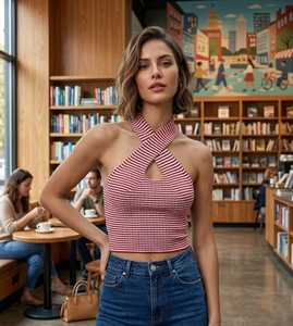 Women's Casual Short <b>Striped</b> Halter <b>Crop</b> <b>Top</b> 220g All Seasons Wholesale OEM ODM Crisscross Keyhole Cutout Sleeveless Knit Bulk - Product Image 5