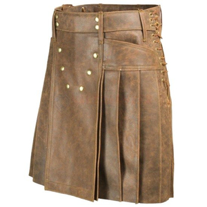 Mini-jupe plissée en cuir véritable pour femme avec taille ajustable et boutons sur le devant, couleur unie - Product Image 1