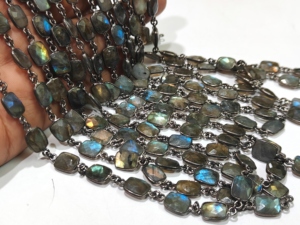Brass Natural Labradorite Gray Flashy <b>Cushion</b> Shape 8x10mm Bezel Connector Chain Sold Per Foot for Jewellery Making - Product Image 5