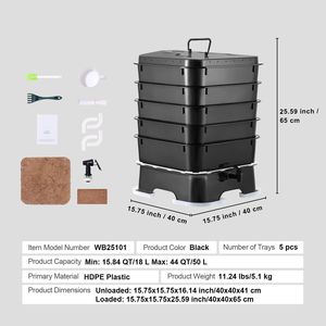 Kit de Compostaje con Diseño Sostenible de 5 Bandejas, 50 L, para Interiores y Exteriores, Contenedor de Compost para Gusano de la Tierra, Reciclaje de Residuos de Alimentos, 50 L - Product Image 4