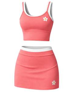 Ensemble crop top et mini-jupe corail personnalisé pour femme, soutien-gorge de sport sans manches, tenue de yoga, gym, été, décontractée, fitness, deux pièces - Product Image 1