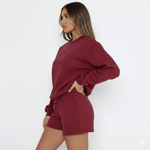 Women's Solid Long Crew Neck Regular Fit 100% Cotton Breathable Eco-Friendly Quick Dry 2-Piece Winter Sweatshirt Shorts <b>Set</b> - Product Image 3