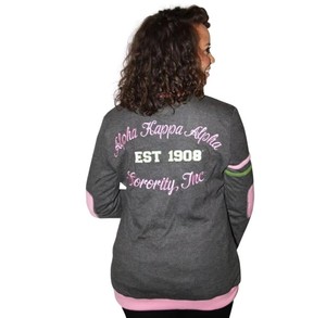 Cárdigan Varsity AKA para Mujer, Suéter Tejido Negro con Ribete Rosa, Botones Frontales, Ropa Griega de Hermandad, Estilo Alfa, Prenda Exterior Casual de Moda - Product Image 2