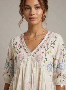 Boho Floral Embroidered Cotton Dress V-Neck <b>Three</b> Quarter Sleeve A-Line Mini Loose Fit Daily Wear Spring Style Ladies Evening - Product Image 4