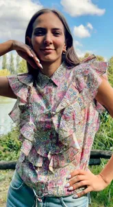 Bohemian Floral Block Print Cotton Shirt with Layered Ruffle Sleeves and Colored Neckline Casual Wear - Product Image 4