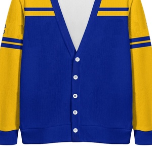 เสื้อคาร์ดิแกนถักคอวีสีน้ำเงินเหลืองแบบคัลเลอร์บล็อกสำหรับสตรีชมรมมหาวิทยาลัย สไตล์พรีปปี้ แขนยาว รับผลิตตามสั่งขายส่ง - Product Image 5