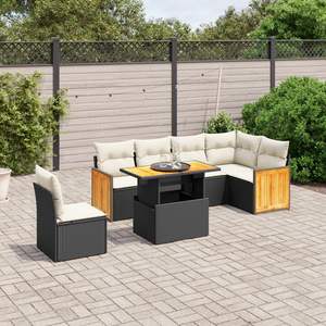 Ensemble de canapé de jardin 7 pièces en rotin PE noir avec panneaux en teck, design contemporain, meubles résistants aux intempéries - Product Image 3