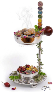 Brûleur d'encens en métal réglable en hauteur avec bol amovible et emblème des 7 chakras, argenté - Product Image 2