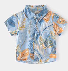 Chemise en coton imprimée à manches courtes pour garçons, col rabattu décontracté, motif peint à la main, bleu, jaune, vert, haut d'été - Product Image 2