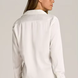 Elegante Blusa Blanca de Verano para Mujer, de Seda/Algodón, Sin Tejer, Manga Larga, con Cuello Camisero, para Oficina y Uso Casual - Product Image 1