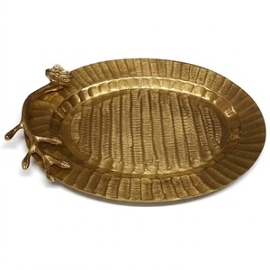 Textured <b>Gold</b> Aluminum <b>Serving</b> <b>Tray</b> With Creative Branch Flower Handle Elegant Metal Decorative Platter Centerpiece For Coffee - Product Image 1