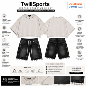 Ensemble chemise oversize effet vieilli et short en jean, tenue streetwear deux pièces cloutée - Product Image 4