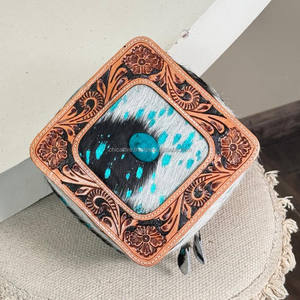 Handcrafted Cowhide Leather Square Zipper Jewelry Case with Hand Tooled Lid Turquoise Stone & Compartments for Rings & Earrings - Product Image 4