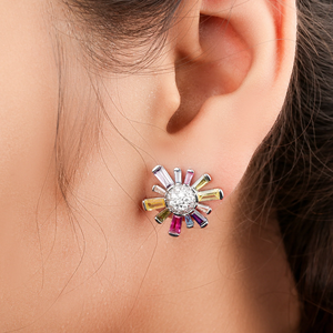 Flower Shape <b>Stud</b> <b>Earrings</b> With Colorful Zircon Stones Silver Plated Alloy Women's Party Jewelry Cute Design - Product Image 4
