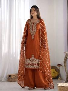 Luxury Pure Fendy Silk Embroidered Kurti Sharara <b>Set</b> with <b>Beads</b> Work & Designer Dupatta | Premium Festive Ethnic Wear - Product Image 3