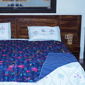 Blue Floral Bird Print Quilt Cotton <b>Bedspread</b> Stitched Coverlet for Home Bedroom Hotel Decor - Product Image 5