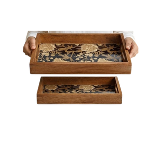 Luxury Handmade Square Wooden Serving Tray Geometric/Mosaic Pattern Natural Solid Wood Eco-Friendly Durable Coffee <b>Table</b> Plate - Product Image 3