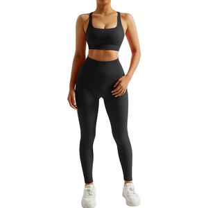 Ensemble de leggings de yoga noirs taille haute, longueur intégrale, couleur unie, côtelés, en Spandex et Polyester, pour femme, pantalon d'entraînement sans couture à taille élastique - Product Image 2