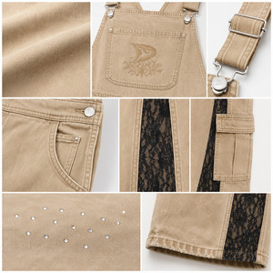 Ivory White Wide Leg Overalls <b>Black</b> Lace Insert Pearl Studded Feminine Y2K Streetwear Trousers - Product Image 4