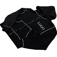 Sweat à capuche zippé noir avec strass pour femme, style streetwear, en polaire longue, imprimé graphique abstrait, surpiqûres contrastées, veste décontractée à capuche