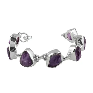 Pulsera Bohemia de Plata de Ley 925 con Amatista Natural en Bruto, Engaste Clásico en Bisel, Joyería Artesanal con Piedras Preciosas - Product Image 1