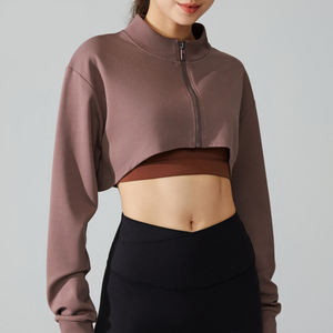 ZULARI IMPEX Women's Cropped Long Sleeve <b>Zip</b>-<b>Up</b> Jacket Solid Color Fitted Activewear Polyester Gray and <b>White</b> Sportswear - Product Image 2