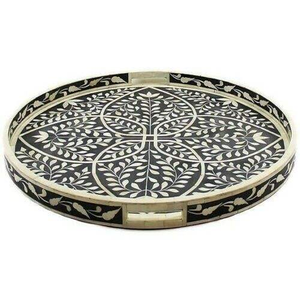 Traditional Wood Bone Inlay Tray with Geometric Pattern Elegant Accent for Dining <b>Coffee</b> <b>Table</b> - Product Image 4