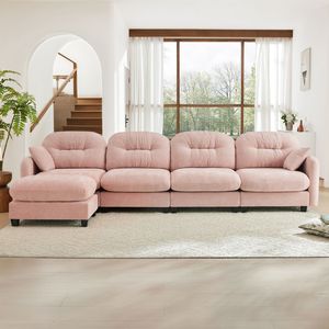 Divano Componibile a L in Legno di Alta Qualità con Tessuto Morbido in Ciniglia, Design Ergonomico Trapuntato e Plissettato per Soggiorno - Product Image 3