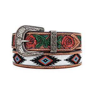 Cinturón de Cuero Grabado a Mano con Diseño Floral de Rosas Rojas Estilo Occidental Personalizado al por Mayor para Hombres y Mujeres con Cuentas Negras y Blancas - Product Image 1