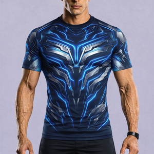 Men's <b>Brown</b> Blue Geometric Compression Shirt Short Sleeve Quick Dry Polyester Rash Guard Top - Product Image 2