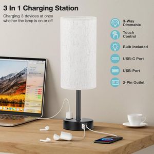 Lampada da Comodino Beige Chiaro Dimmerabile a 3 Livelli con Porte di Ricarica USB-C e Presa AC per Comodino o Camera da Letto - Product Image 4