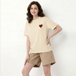 Women White <b>Heart</b> Print T-Shirt Short Sleeve O-Neck Casual Loose Fit Summer <b>Top</b> 100% Cotton Jersey Breathable - Product Image 2