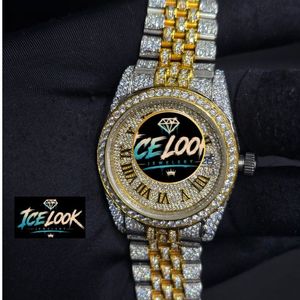 นาฬิกา Ice Look Diamond 36 มม. สองสี ระบบจักรกล แสดงวันที่ ขอบหน้าปัดคริสตัล สายแบบกำไลข้อมือ ของขวัญ - Product Image 1