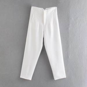 Pantalones casuales clásicos de mujer de cintura alta elástica, holgados, rectos, hasta el tobillo, transpirables, de color liso, estilo primavera con abertura frontal. - Product Image 2