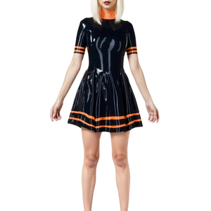 Black <b>Latex</b> A-Line <b>Mini</b> <b>Dress</b> High Neck Short Sleeve Contrast Orange Trim Fitted Party Wear Solid Color - Product Image 2