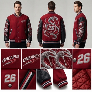 Men's Red <b>Jacket</b> Baseball <b>Letterman</b> <b>Jacket</b> Wool Body Leather Sleeves Embroidered Snake Design Team Bomber <b>Jacket</b> - Product Image 5