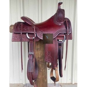 Sillín de caballo estilo Western de cuero marrón oscuro con diseño floral y cesta, asiento rígido, correas de latigo, juego de aparejos de 10 a 18 pulgadas - Product Image 1