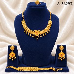 Gold Plated Zinc Alloy Necklace and Earrings <b>Set</b> with Ruby Stone Flower Design Statement <b>Jewelry</b> for Women Wedding A-55293 - Product Image 1