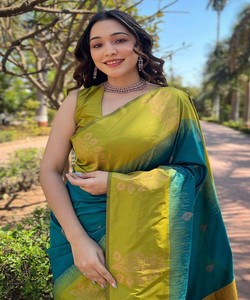 Sari Tradicional Indio de Seda para Mujer, Estilo Banarasi, Verde Azul, Largo hasta el Suelo, Vestido de Boda, Ropa Étnica para Todas las Temporadas - Product Image 5